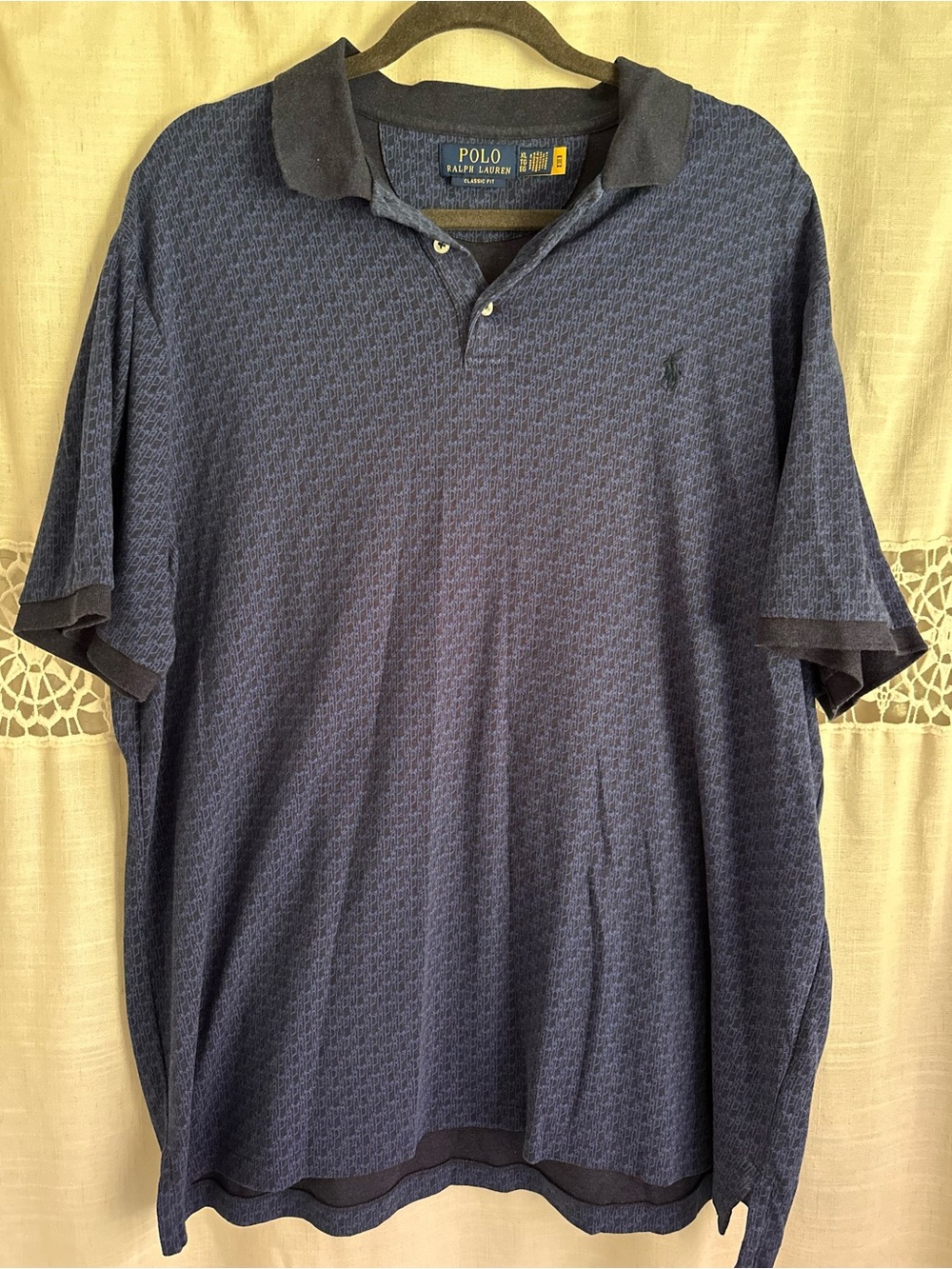 Ralph Lauren Men’s Blue Patterned Polo with Dark Contrast Collar
